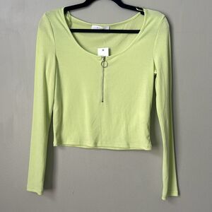 NWT Elodie Crop Top Women Large Neon Lime Green Long Sleeve Ribbed Zip Shirt
